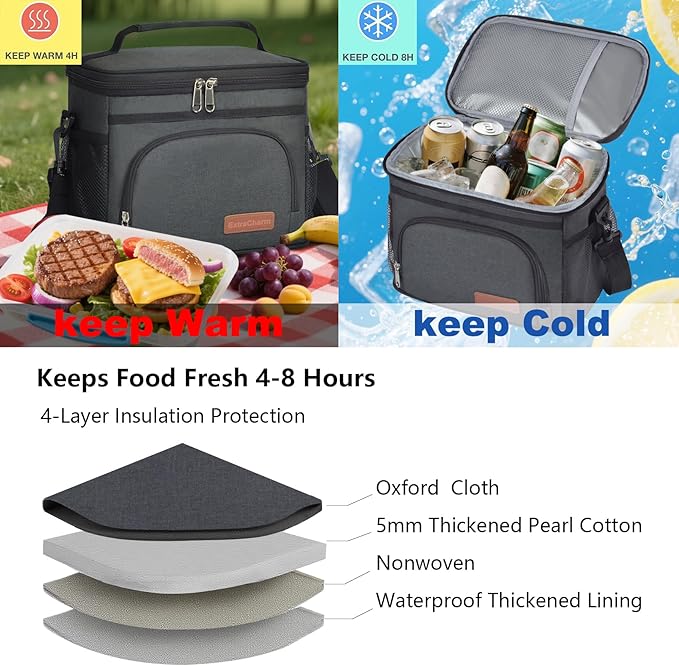 ExtraCharm Insulated Lunch Bag for Women/Men - Reusable Lunch Box for Office Picnic Hiking Beach - Leakproof Cooler Tote Bag Organizer with Adjustable Shoulder Strap for Adults - Black