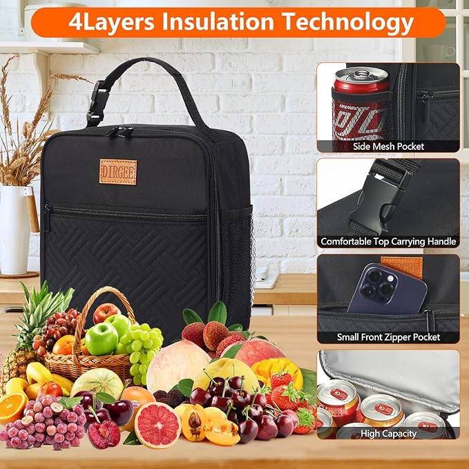 Lunch Box for Men Insulated Lunch Bag for Women Adults Small Lunch Bag for Office Work Lunch Bag For Men - Leakproof Freezable Cooler Bag Reusable Portable Lunch Box (Black)