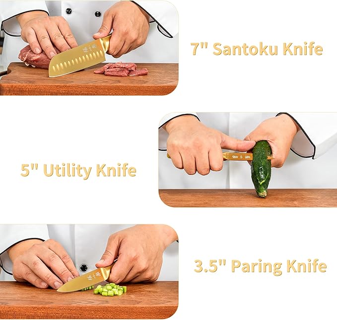 ZHANG XIAO QUAN SINCE 1628 15Pcs Knife Set with White Block, High Carbon Stainless Steel Kitchen Knife Set, Sharp and Durable, Hundreds of Years of Masterful(Golden)