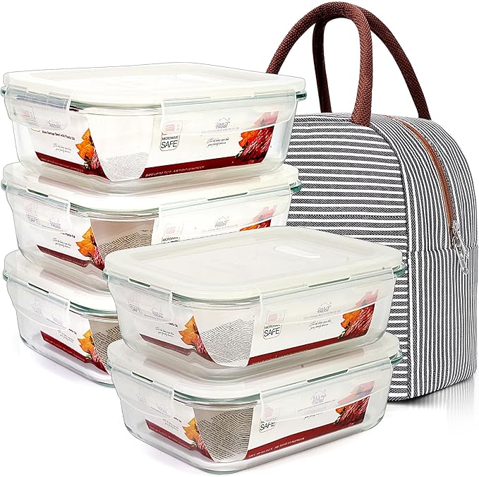 DAS TRUST 5 Pack 36oz Glass Food Storage Containers Meal Prep Containers Reusable Fridge Organizers Lunch Container for Adults Food Storage Containers with Lids Airtight Pizza Storage Salad Container