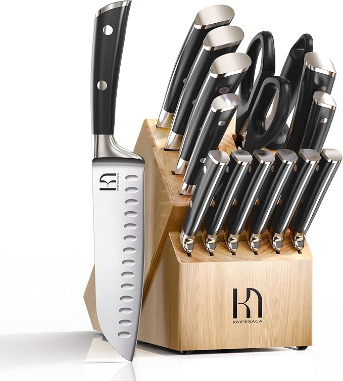 Knife Set with Block, Japanese 15 PCS Ultra Sharp Ktichen Knives Set, High Carbon Stainless Steel Knife Block Set with Sharpener, Professional Knives with Ergonomic Handle for Home Chefs