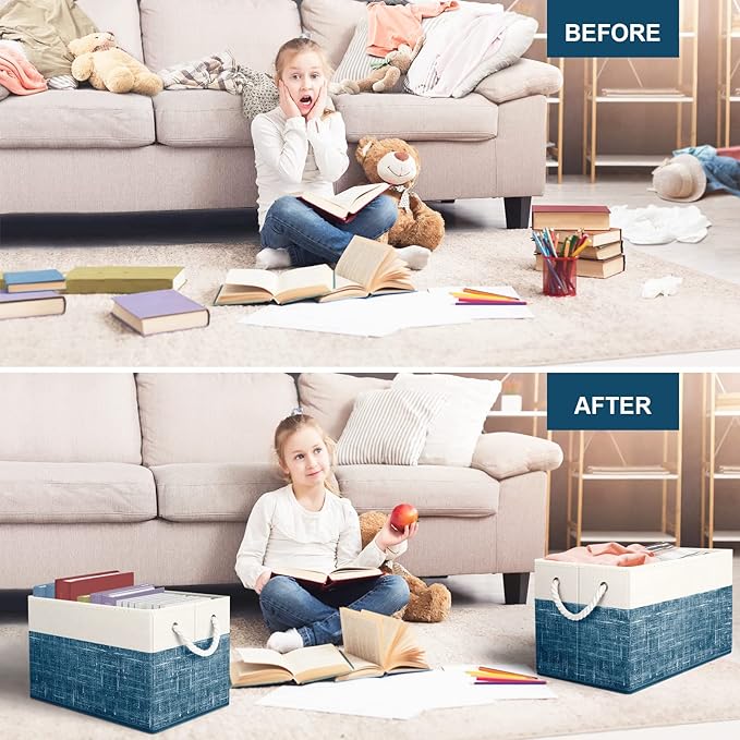 Fab totes Storage Bins [8-Pack], Foldable Storage Baskets for Organizing Toys, Books, Shelves, Closet, Large Storage Box with Rope Handles, Sturdy Organizer Bins, White & Blue