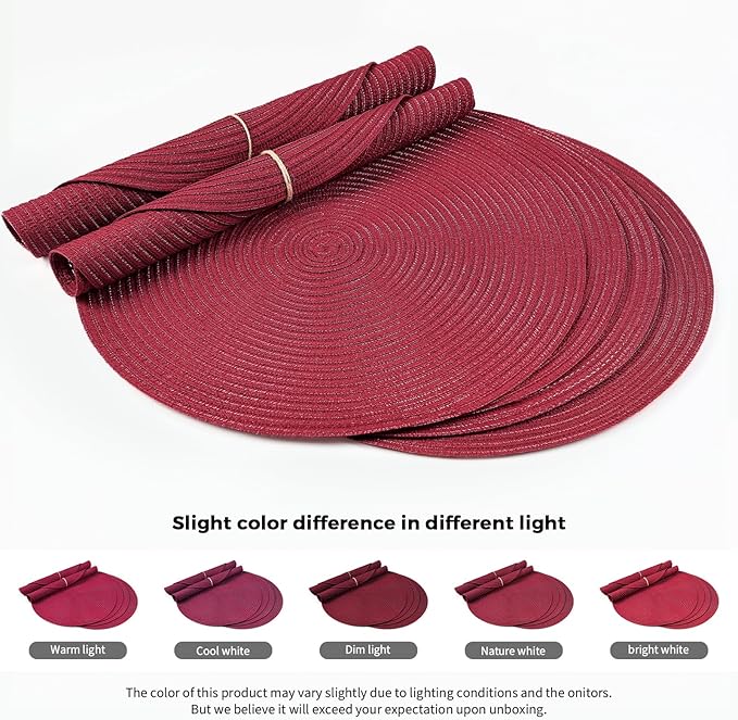 FunWheat Round Braided Placemats Set of 8 Place mats for Dining Tables Woven Heat Resistant Table Mats 15 inch (Wine,8pcs)
