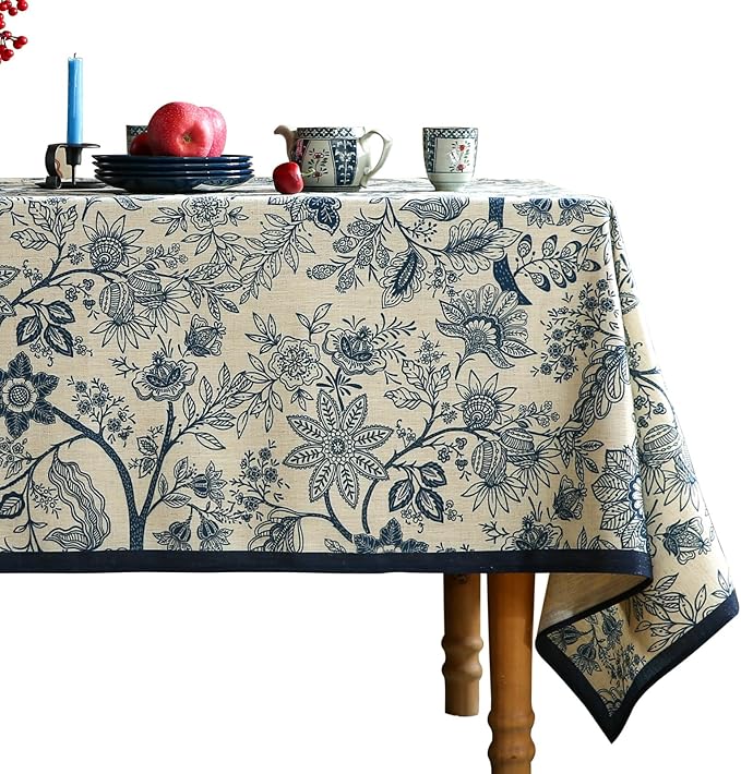 ISAENNE Designer French Linen Tablecloth Rectangular,Blue Floral Washable Indoor Table Cloth,Durable Home Decor Tablecloths for Dining Thanksgiving Kitchen Party Christmas,55"*87"-Ruyi B
