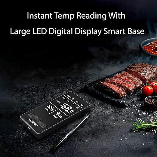 WiFi Sub-1g Wireless Meat Thermometer Unlimited Range, Check Temp Anywhere,7 NIST Certified Sensors with Ambient Temp Smart Digital Base,Monitor for BBQ, Grill,Oven, Smoker. (1, Black, Small)