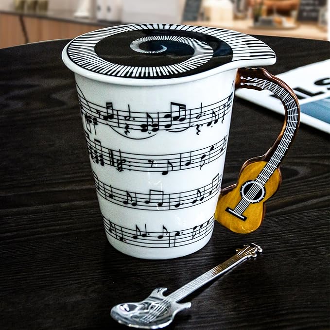 Guitar Novelty Mug Unique Musical Gift Coffee Cup with Cool Music Themed Lid & Guitar Handle Design & Guitar Spoon, Great Gifts for Music Teachers,&guitarLoversfor Holidays,Fathers Day,Men,Woman