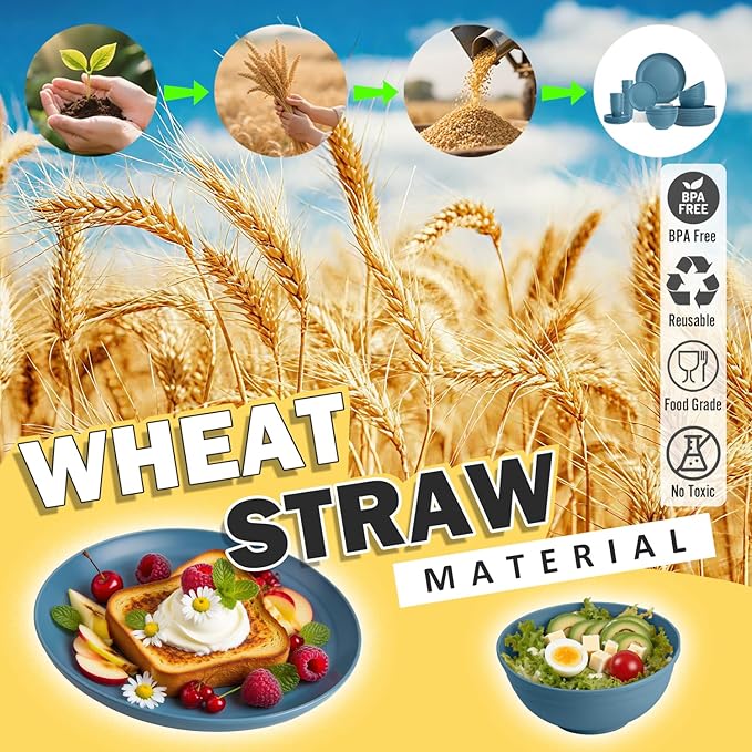 Wheat Straw Dinnerware Sets, 32 PCS Dishes Set for 8, Unbreakable Lightweight Reusable Plates and Bowls Sets for Kitchen Outdoors RV Camping Patio, Dishwasher & Microwave Safe - Blue