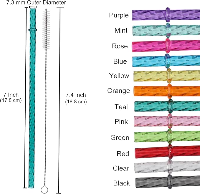 Dakoufish 7 Inch Reusable Clear Plastic Swirl Drinking Straws for 10 oz & 12 oz Short Mini Mason Jar Tumblers,Set of 12 Pcs Replacement Straws with Cleaning Brush (7inch,12color)