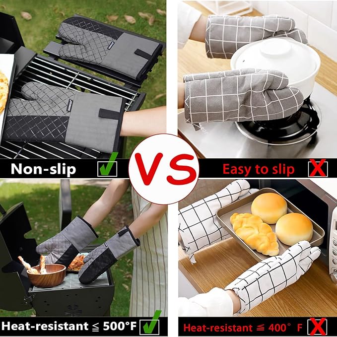 Oven Mitts and Pot Holders Sets 6pcs, Kitchen Oven Glove,High Heat Resistant 550 Degree Extra Long Oven Mitts and Potholders with Non-Slip Silicone Surface for Home Essentials (Grey) (Gray 2)