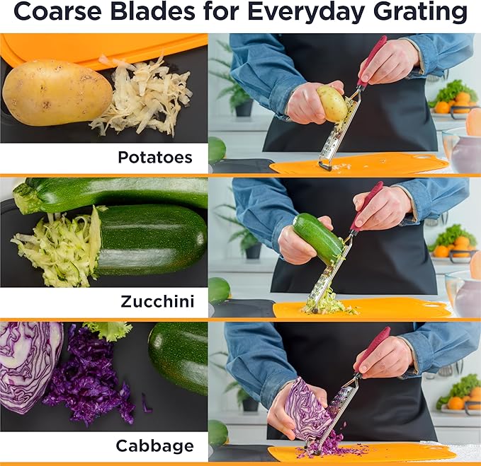 Deiss PRO Coarse Grater & Hand Held Cheese Grater - Sharp Stainless Steel Blades, Non-Slip Handle, Small Cheese Grater for Kitchen, Shredder, Dishwasher Safe