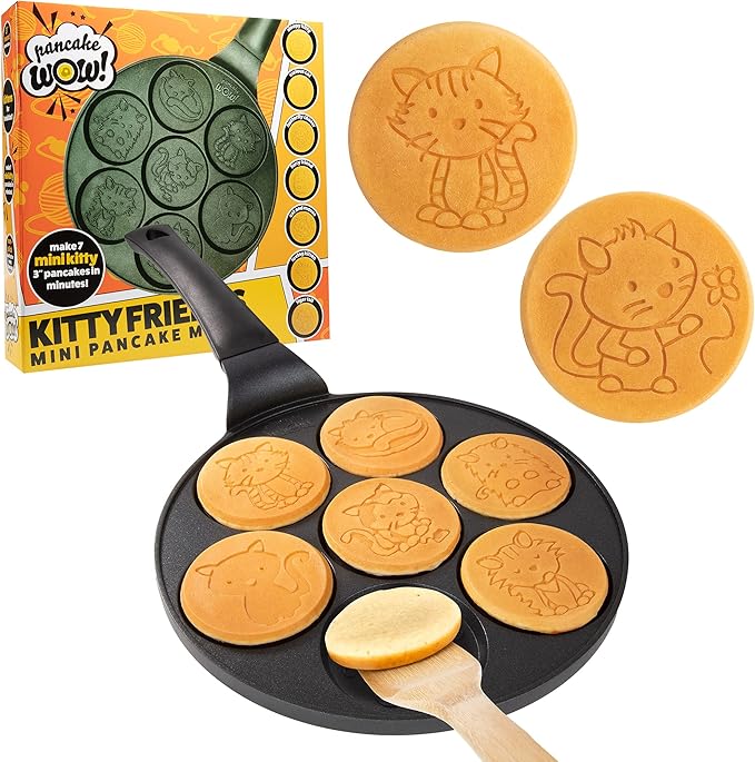 Kitty Friends Mini Pancake Pan - Make 7 Unique Flapjack Cat Designs, Nonstick Pan Cake Maker Griddle w Long Handle for Breakfast Animal Kitten Fun & Easy Cleanup, Fun Xmas Gift for Kids, Party Treat