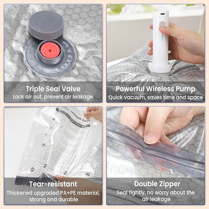 Vacuum Bags for Travel with Rechargeable Electric Pump, 12 PCS (4S,4M,4L) Storage Bags Vacuum Sealed, Space Saver Bags Carry-on Size Compression Packing Bags for Luggage and Suitcase