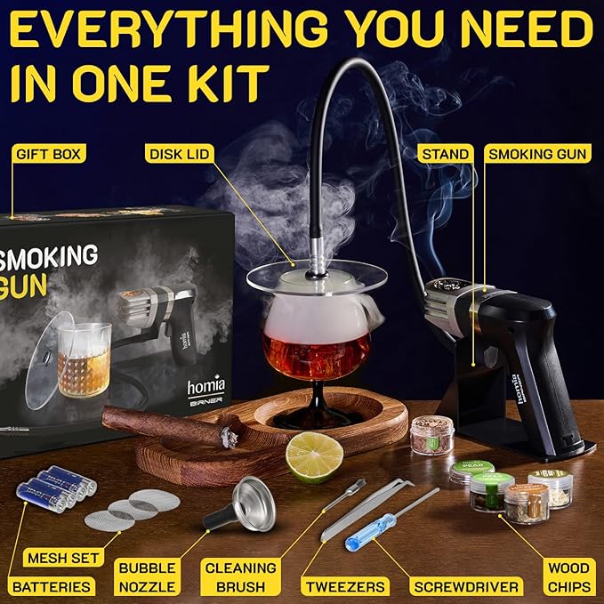 Cocktail Smoker Kit - Whiskey Smoker Kit - Smoke Infuser Birner PRO - Starter Kit, 11 PCS, with Accessories and Wood Chips - Indoor Smoker - Gift for Men