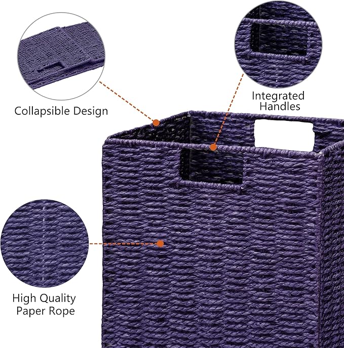 Vagusicc Wicker Storage Basket, Set of 2 Hand-Woven Wicker Basket, 11 inch Storage Basket, Foldable Cube Storage Organizer Bins, Storage Baskets for Organizing Shelves Decor, Purple (11″×11″×11″)