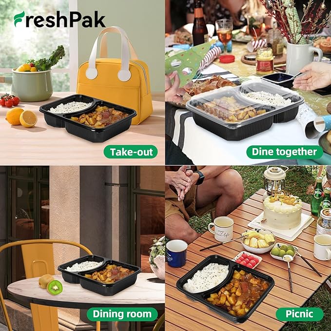 Takeout Containers Reusable 40 Pack 40oz - Shrink Wrap Leakproof | Portion Control Leftovers Plastic Container with Lid | BPA Free Freezer & Microwave Safe Meal Prep | 2 Compartment Lunch Box