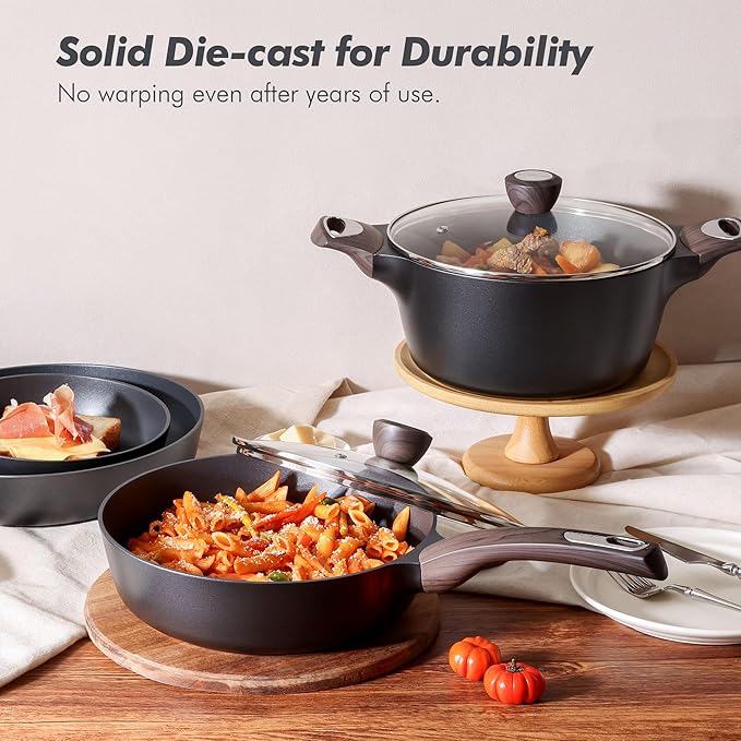 SENSARTE Pots and Pans Set Non stick, Non toxic Healthy Induction Cookware Sets, 14 Pcs Non Stick Kitchen Cooking Set with Frying Pans Set & Saucepan, PFOA PFOS APEO Free, Black