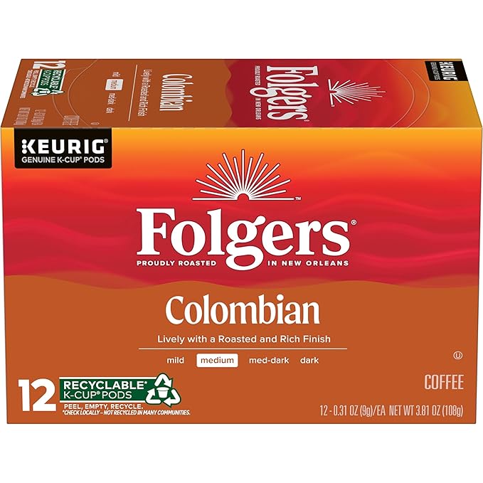 Folgers Colombian Medium Roast Coffee, 12 Keurig K-Cup Pods (Pack of 1)