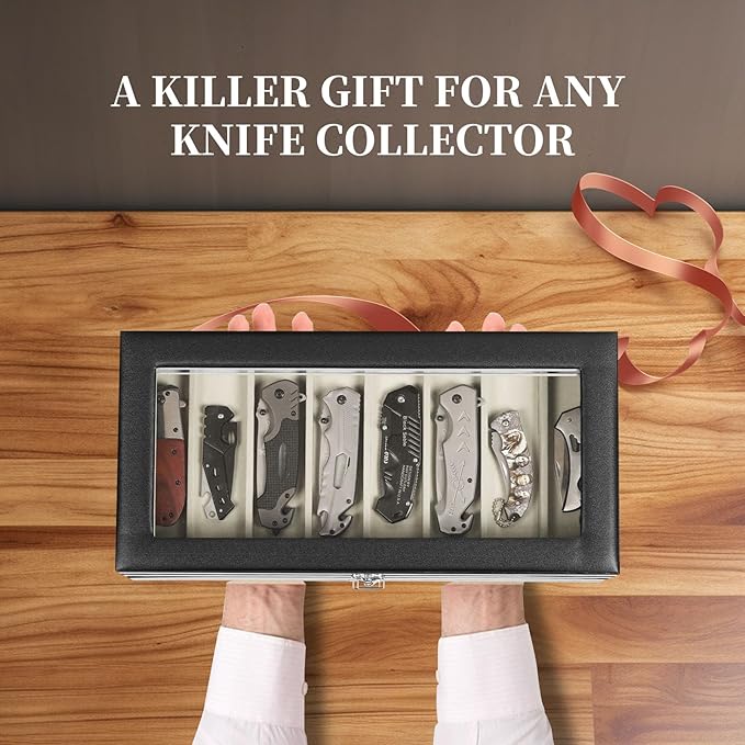 AUTOARK 3-Tier PU Leather & Velvet Knife Organizer with 26 Slots,Transparent Glass Top & Drawer,Compact Storage for Pocket Knives,Ideal for Men's Collections & Gifts,Black,MKAW016