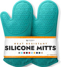 BPA-Free Soft Silicone Oven Mitts - Ultra Heat Resistant Oven Mitts with Thick Cotton Liner - Long Slip Resistant Pot Holders, Flexible Oven Gloves - Turquoise 13.7"