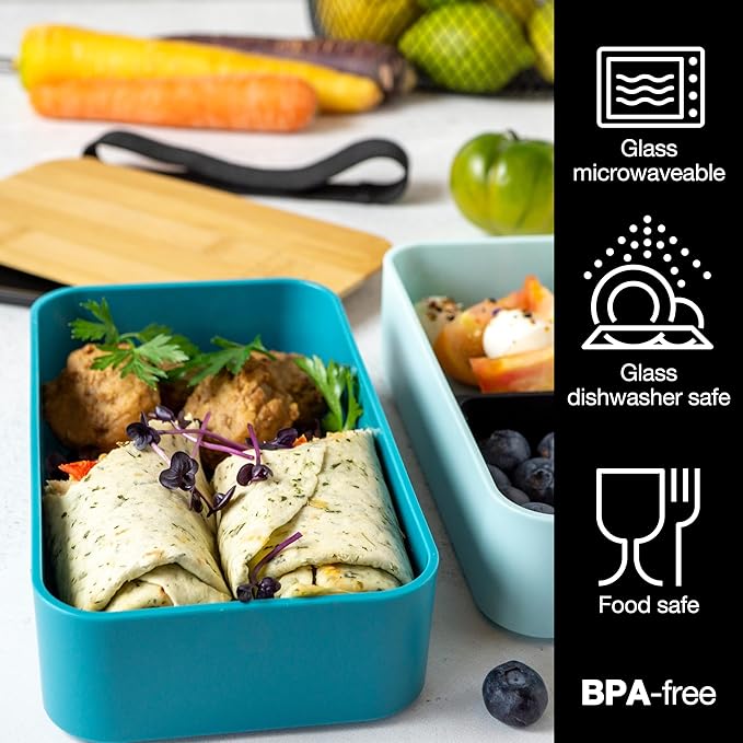 Premium Bento Box for Adults Blue – 2-Tier 46 oz Lunch Container Box with Bamboo Lid, BPA-Free & Leakproof, Microwave & Dishwasher Safe, Includes Food Divider & Cutlery – Ideal for Work & Travel