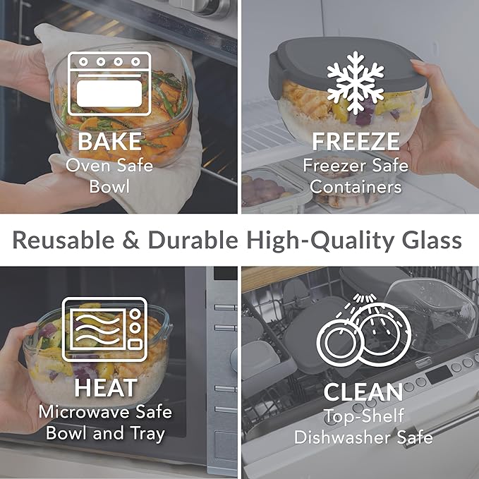 Bentgo Glass All-in-One Salad Container - Large 61-oz Salad Bowl with Lid, 4-Compartment Bento-Style Tray, 3-oz Sauce Container, and Reusable Fork - Dishwasher, Microwave, and Oven Safe (Dark Gray)