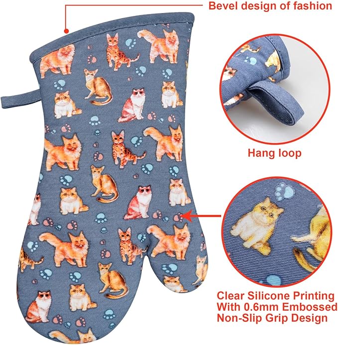 Oven Mitts Gloves 1 Pair Heat Resistant 480 ℉ Non Slip Clear Silicone Printed Cat Comfortable Cotton Lining Kitchen Men Cooking Barbecue Machine Washable (Cat, Blue Mitts)