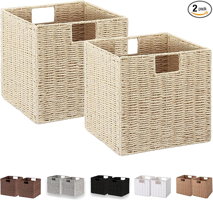 Vagusicc Wicker Storage Basket, Set of 2 Hand-Woven Paper Rope Storage Baskets, Foldable Cube Storage Organizer Bins, 11 Inch Wicker Storage Baskets for Shelves and Decor, Square Storage Basket, Beige