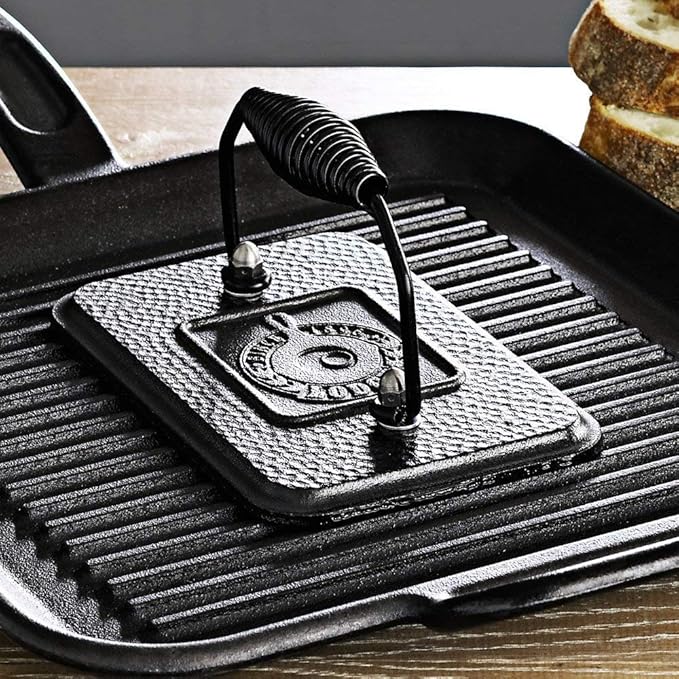 Lodge Pre-Seasoned Cast Iron Grill Press with Cool-Grip Spiral Handle, 4.5 inch X 6.75 inch, Black
