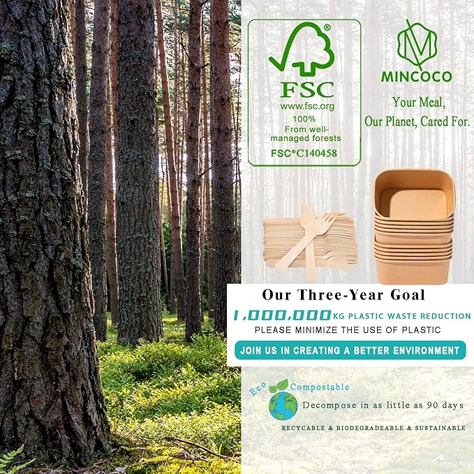 MINCOCO 50 Count Paper Bowls Disposable Meal Prep Containers with Lids【Includes 50 Wooden Forks + 100 Labels】 Salad Food Containers Freezer & Microwave Safe Leakproof Soup Bowls (29 Ounce, 50-Count)