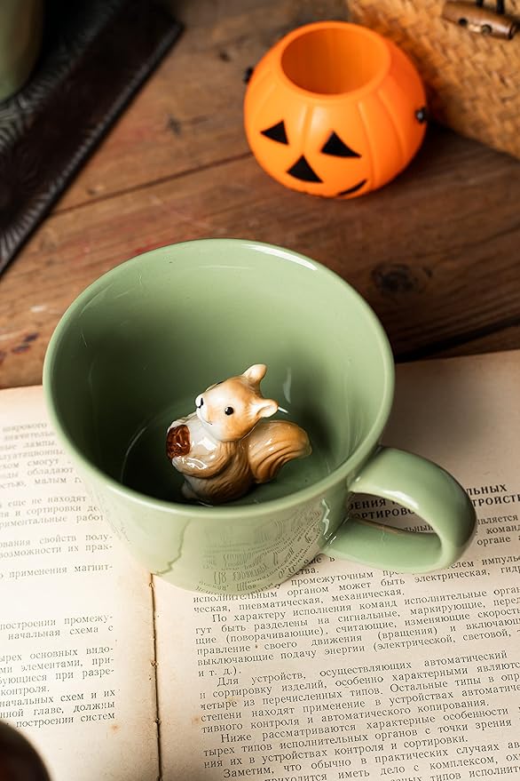 DIHOclub Squirrel Ceramic Cup Hidden 3D Animal Inside Mug,Cute Cartoon Handmade Figurine Mugs,Holiday and Birthday Gift for Coffee Milk Tea Lovers,12 OZ(Light Green)