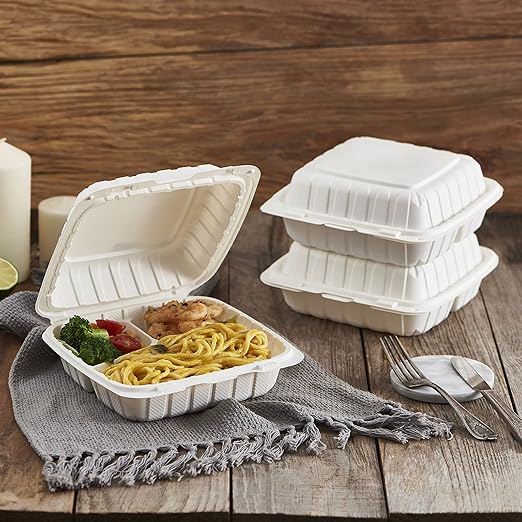 8X8" 3Compartment 50-Pack Plastic Clamshell Take Out Food Containers, Heavy Duty To-go Disposable Lunch Box For Cake, Sandwich, Salad, Dessert, Restaurant Meal Prep Packaging Catering Hinged Container