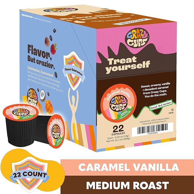 Crazy Cups Decaf Flavored Coffee Pods, Decaffeinated Chocolate Coconut Dream Flavored Coffee, Single Serve Hot or Iced Medium Roast Coffee for Keurig K Cups Machines, 22 Count