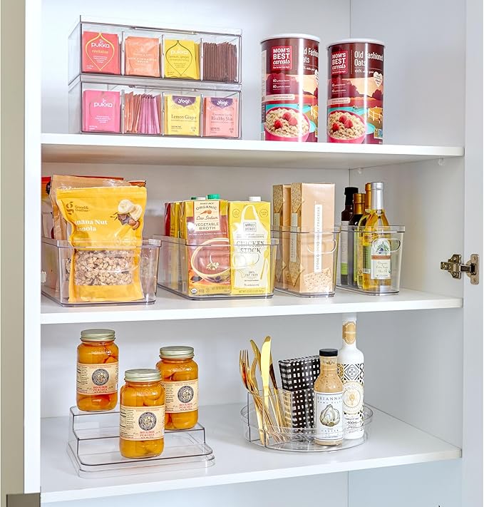iDesign Tea Bag Organizer for Counter, 4-Section Clear Stackable Tea Storage Drawer for Cabinet