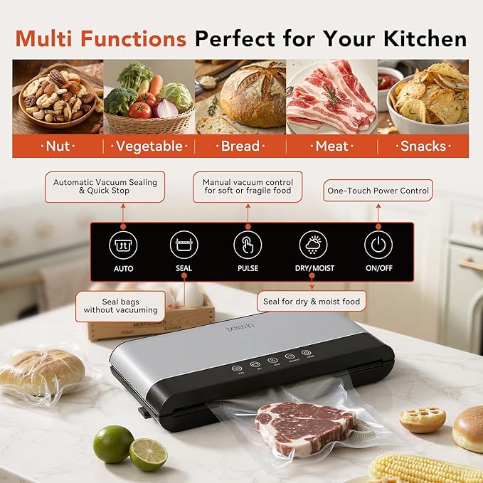 Vacuum Sealer Machine for Food, 85kPa Powerful Suction Food Saver with LED Touch Panel, Dry & Moist Modes, Easy to Use Compact Vacuum Sealer for Food Storage & Meal Prep, Includes 20 BPA-Free Bags