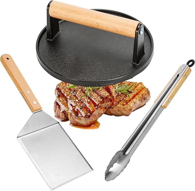 Smash Hamburger Press Kit,Around Burger Press,Hamburger Spatula and Stainless Steel Tongs with Wooden Handle,Heavy-Duty Cast Iron Grill Press for Bacon, Hamburgers, Eggs, Sandwiches,Steak