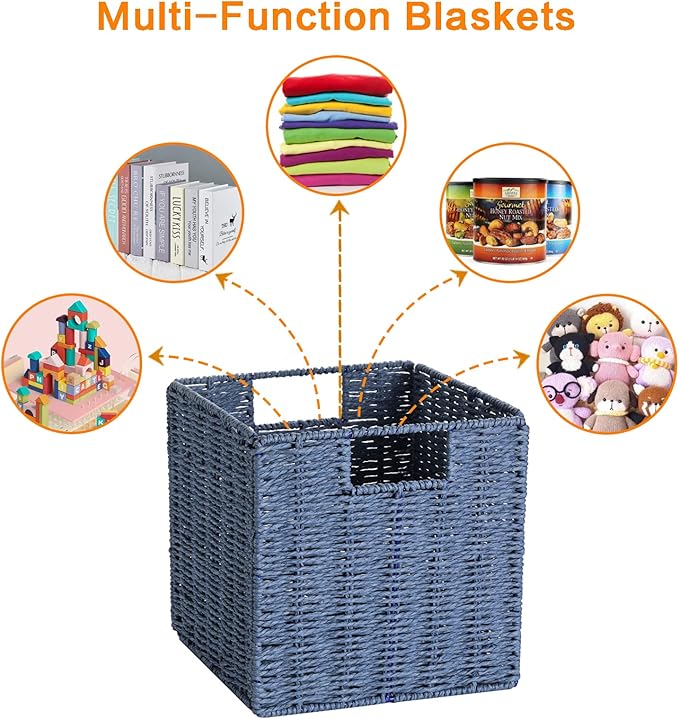 Vagusicc Wicker Basket, Set of 2 Hand-Woven Paper Rope Storage Baskets for Organizing, Foldable Cubby Storage Bins, 9 Inch Small Wicker Storage Basket, Square Baskets Cube Storage Organizer Bins, Blue