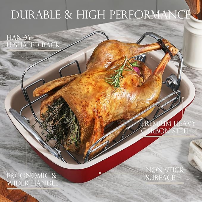 KITESSENSU Nonstick Turkey Roasting Pan with Rack 17 x 14 inch - Large Chicken Roaster Pan for Oven - Wider Handles & Heavy Duty Construction - Suitable for 24lb Turkey, Red