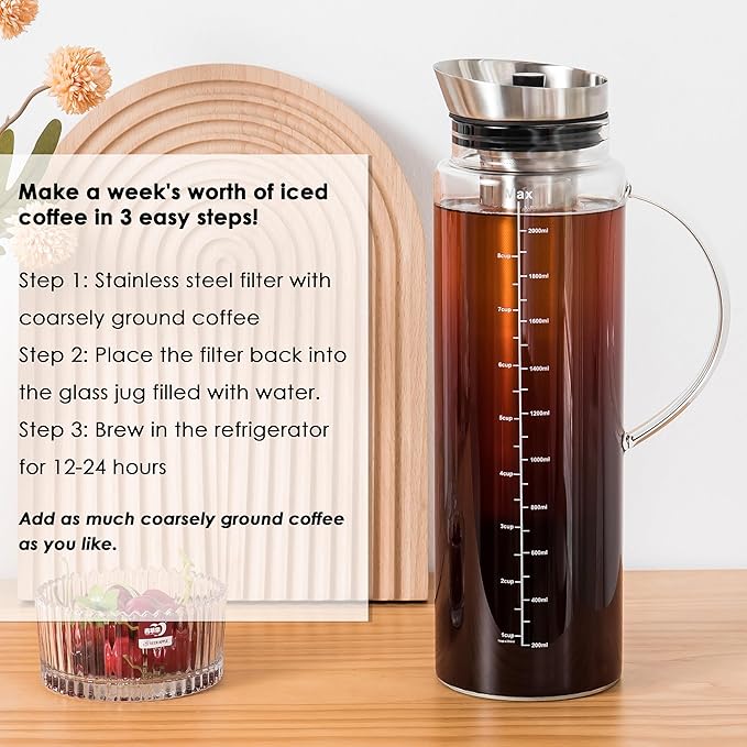 Aquach 68 Oz Cold Brew Coffee & Iced Tea Maker – Airtight Lid for Freshness Up to 2 Weeks, Dishwasher Safe