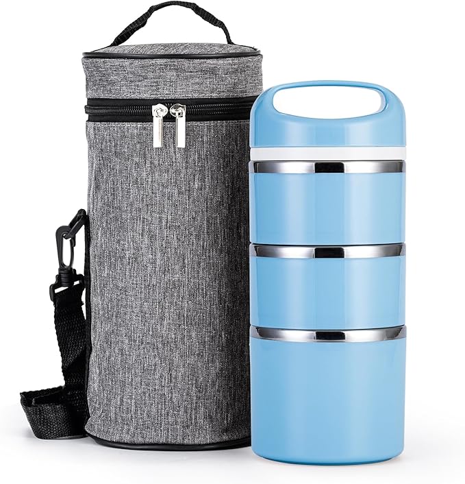 Lille Home Stackable Stainless Steel Lunch Containers, 43OZ Capacity 3 Layers Leakproof Bento Box for Adult, Portable Lunch Box for Women, Man, Travel, Office with Lunch Bag (Blue.Pro)