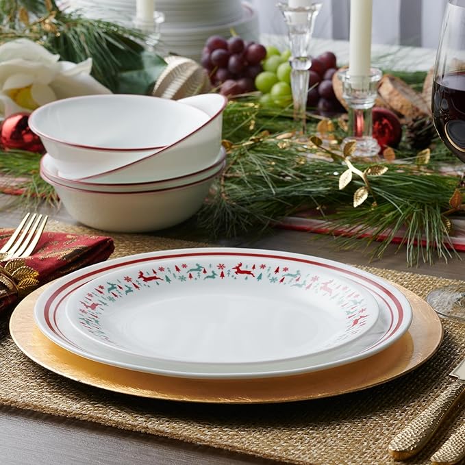 Corelle Vitrelle 18-Piece Christmas Service for 6 Dinnerware Set, Triple Layer Glass and Chip Resistant, Lightweight Round Holiday Plates and Bowls Set, Be Merry