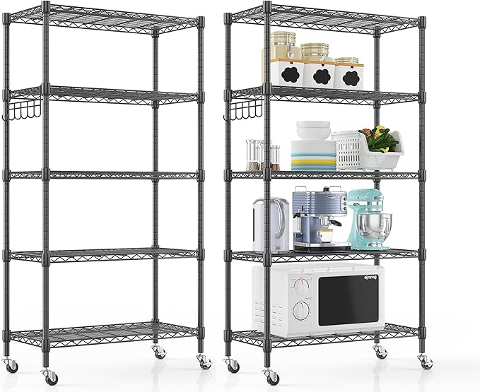 Himimi 5-Tier Storage Shelf Wire Shelving Unit on Wheels Heavy Duty Metal Shelves Adjustable Steel Rack Organization for Kitchen Garage Basement, Black