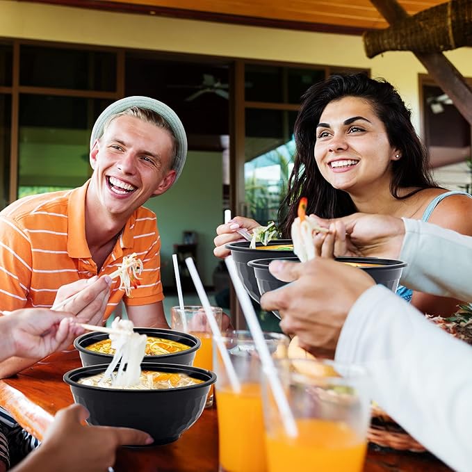 POPMISOLER 150 Pcs Stackable Meal Prep Bowl Containers,36 OZ Food Takeout Bowls Reusable,Black Disposable With Lids,Microwavable Dishwasher Safe Leak Resistant for Noodle Soup,Salads&Ramen Bow (36oz)