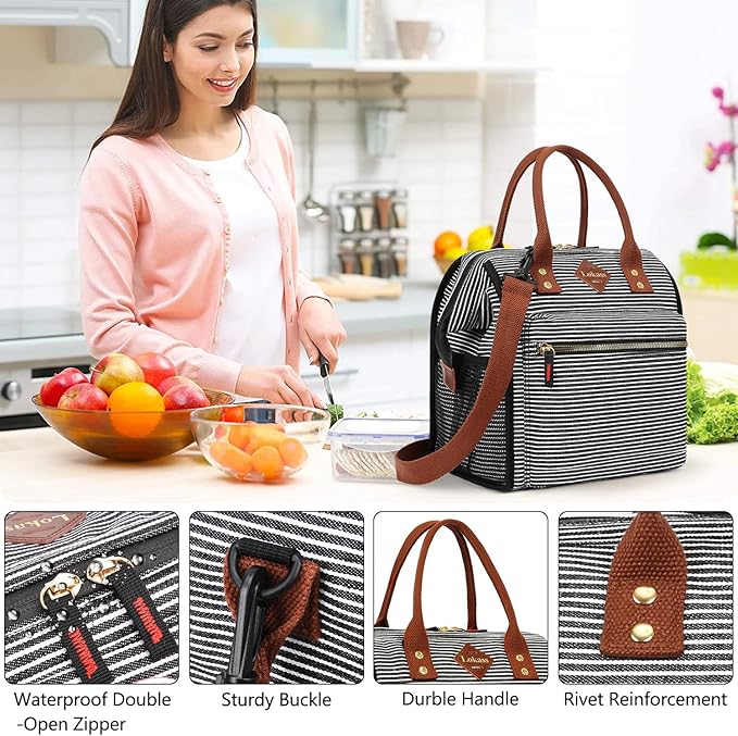 LOKASS Lunch Bag Insulated Lunch Box Wide-Open Lunch Tote Bag with Removable Shoulder Strap for Women/Men Adults Work Picnic Beach Travel(Stripes)