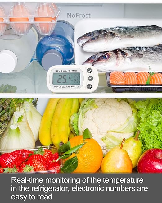 Frienda 12 Pack Black and White Digital Fridge Thermometer Waterproof Refrigerator and Freezer Room Max/min Record Function LCD Screen Refrigerator Thermometer with Hook and Magnetic Back for Home