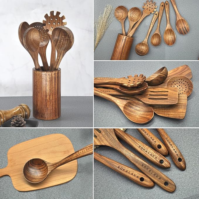 Wooden Spoons for Cooking,10 Pcs Natural Teak Wooden Kitchen Utensils Set Wooden Utensils for Cooking Wooden Cooking Utensils Wooden Spatulas for Cooking (10)