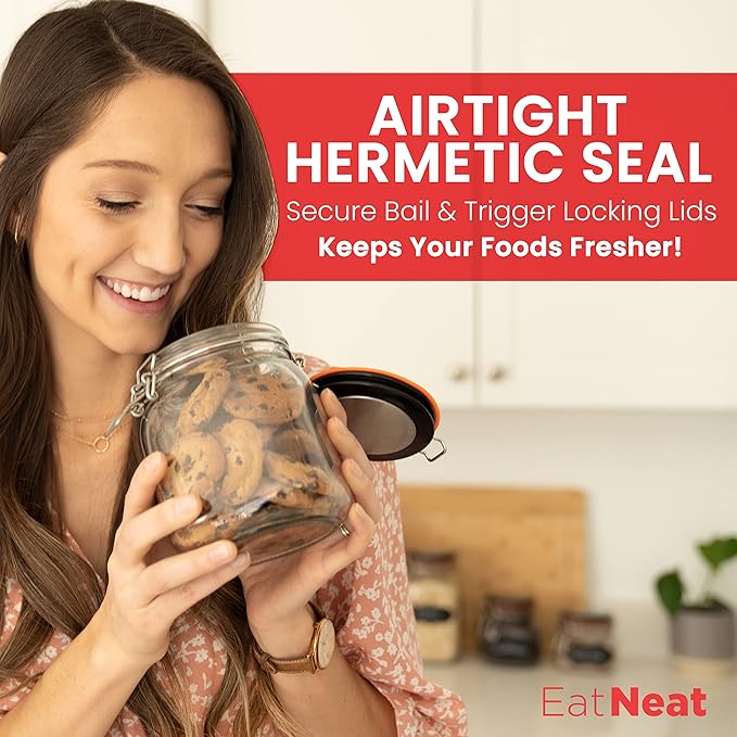 EatNeat 5‑Piece Airtight Glass Canister Set with Clamp Lids – 17 to 68 oz Jars for Kitchen Pantry Storage – Giftable Food Containers for Dry Goods & Countertop – Includes Labels & Marker
