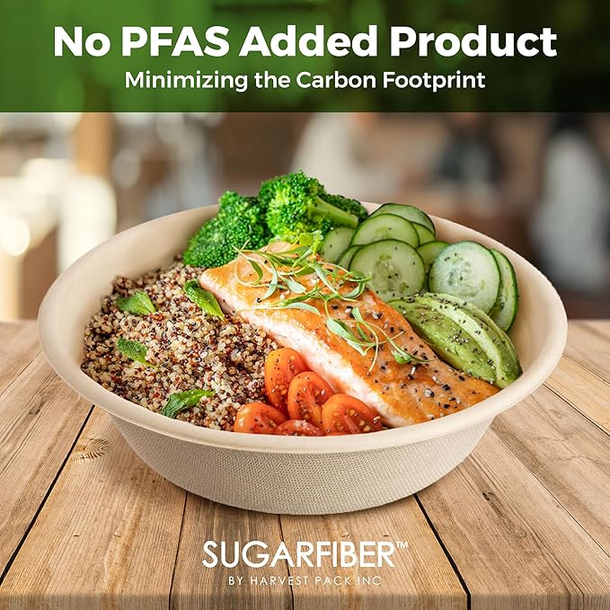 [50 COUNT]Harvest Pack PFAS FREE 32oz Round Paper Bowls, Compostable Heavy-Duty Eco-Friendly Disposable Bagasse Large Soup Bowls, sugarcane made for Meal Prep Takeout Dinnerware, Microwave Safe