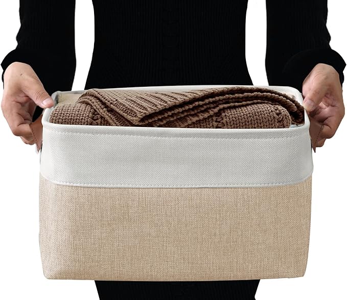 DECOMOMO Storage Baskets for Shelves - Fabric Storage Bins, Linen Closet Organizers and Storage (Beige & White, XL - 3 Pack)