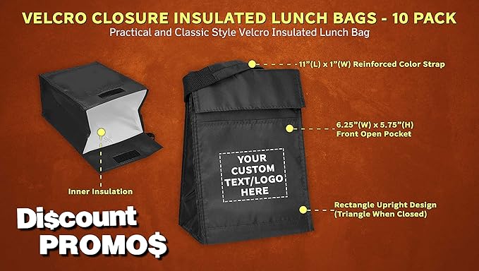 DISCOUNT PROMOS 10 Hook and Loop Insulated Lunch Bags Set - Customizable Text, Logo - Polyester, Durable, Vibrant, Reusable - Black