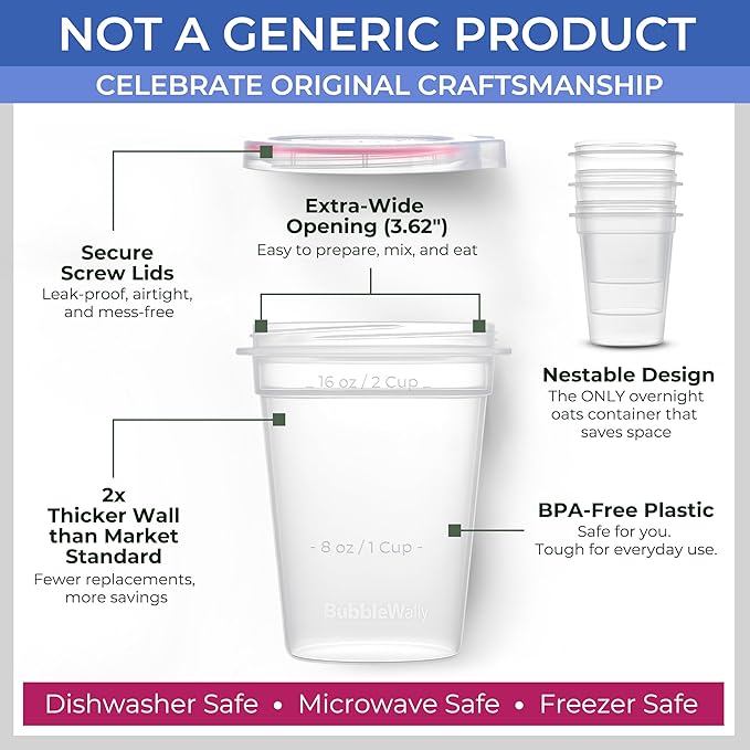 JoyPlus Overnight Oats Containers with Lids Plastic (Pink) - Meal Prep Containers Reusable for Food Storage – 16oz Jars for Breakfast, Snacks, and Lunch